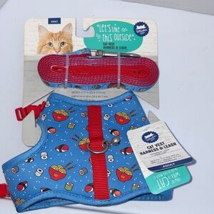 Whisker City Adult cat blue vest harness and leash set. Sushi ramen pattern